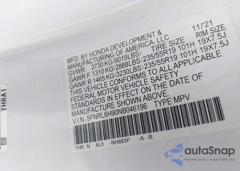 2022 Honda Odyssey Elite from USA, damaged, VIN 5FNRL6H90NB046196